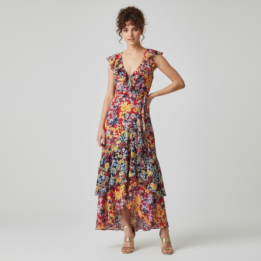 Lulus Wedding Guest Floral Party Tropical Ruffles Maxi Dress XS Spaguetti Straps